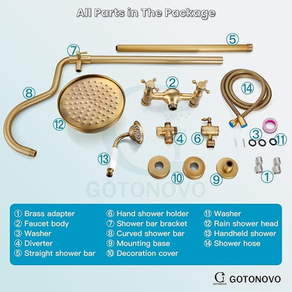 gotonovo Exposed Shower Faucet Set Luxury,Antique Brass,Curved Arc Rod | Bathroom 8” Shower Head with Handheld Spray System Fixtures,Vintage Two Cross Handle,Wall Mount,for 5-6.7" Hole,Adjust Height