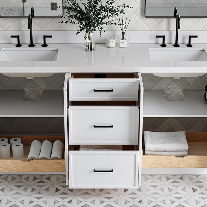 ARIEL Kelly 72-inch Bathroom Vanity with Sink,Solid Wood, 1.5-inch Pure White Quartz Countertop & Backsplash, Double Rectangular Porcelain Sink, 4 Soft Closing Doors, 5 Dovetail Drawers, White