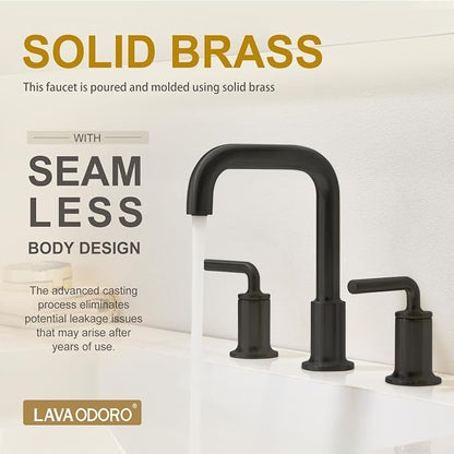 3 Hole Bathroom Faucet, Matte Black Bath Faucet | 8 Inch Widespread Faucet, 2 Handle Bathroom Sink Faucet with Drain Assembly Supply Line, Solid Brass Bath Faucet BF503-MB