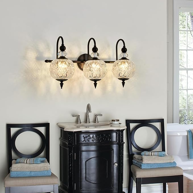 Vintage Bathroom Light Fixtures Black Vanity Light with Glass Globe LampShade 3 Lights Mid Century G9 Bulb Wall Sconce Indoor Vanity Light Over Mirror for Kitchen Bedroom Farmhouse