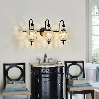 Vintage Bathroom Light Fixtures Black Vanity Light with Glass Globe LampShade 3 Lights Mid Century G9 Bulb Wall Sconce Indoor Vanity Light Over Mirror for Kitchen Bedroom Farmhouse