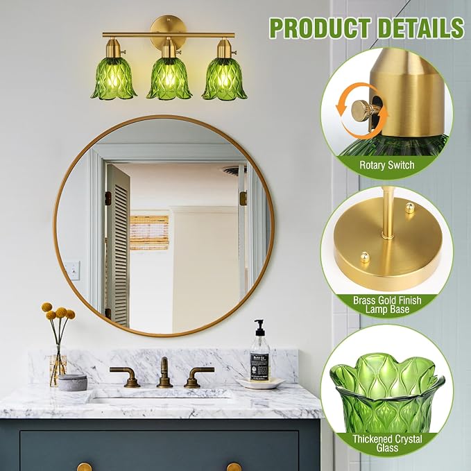 Vintage Bathroom Light Fixtures,3-Light Hardwired Vanity Lights Over Mirror, Brass Wall Lights with Green Tulip Glass Shade for Bathroom Stairway Bedroom Living Room(Bulbs Not Included,E26 Socket)