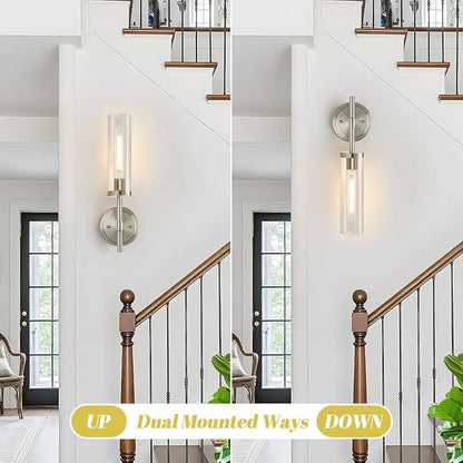 MOKATNG Wall Sconces Set of Two, Brushed Nickel Bathroom Sconces with Clear Glass, Hardwired Sconces Wall Decor Set of 2, Modern Wall Light Fixtures for Bathroom Mirror Living Room Bedroom Hallway