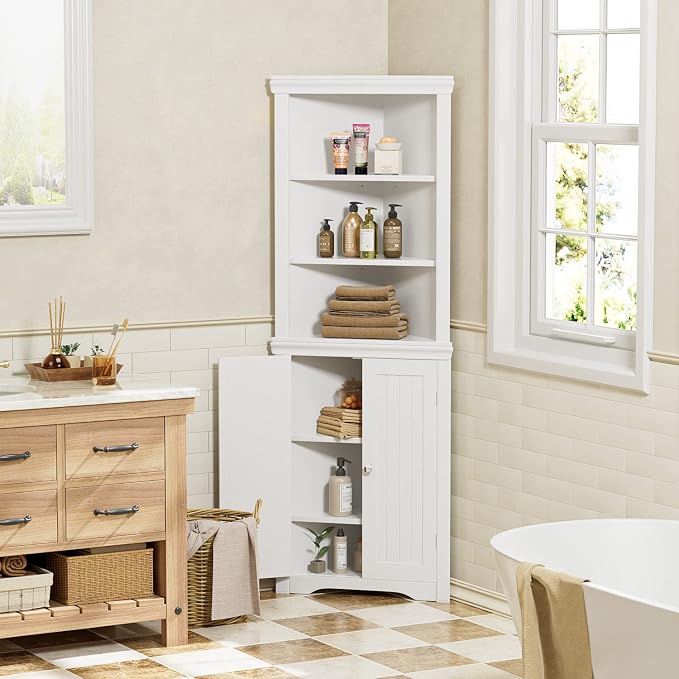 YESHOMY Corner Cabinet, Storage Cupboard with Doors, White | Tall Storage Cabinet with Adjustable Shelves, for Living Room, Bathroom, Kitchen