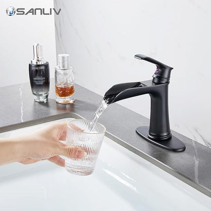 Black Waterfall Bathroom Faucet, Sanliv Single Handle Bathroom Faucets for Sinks 1 or 3 Hole (4 inch) Hotel Vanity Faucet with Deckplate & Pop-Up Drain, Matte Black