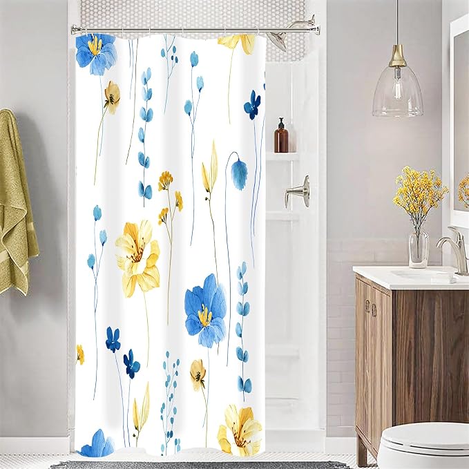 Blue Yellow Watercolor Floral Fabric Shower Curtain, 36x72 | Waterproof Fabric, Modern Minimalist Floral Print, Machine Washable, Rustproof Grommets, for Bath Home, Small Stall