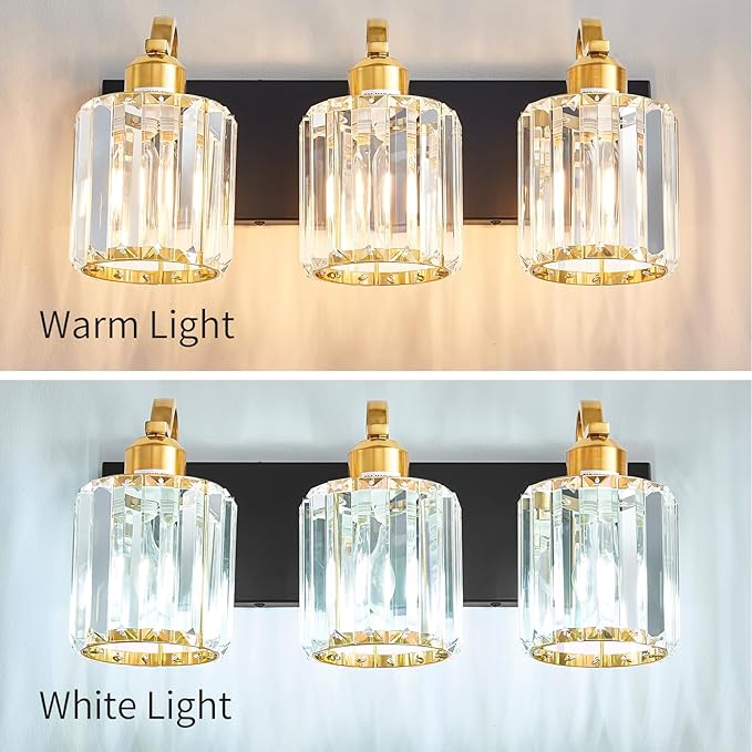 Modern Crystal Bathroom Vanity Lights, Black and Gold 3-Lights Bathroom Light Fixtures Over Mirror, Crystal Wall Lighting for for Mirror Bedroom Living Room (Exclude Bulb)