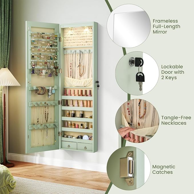Giantex Wall Door Mounted Jewelry Armoire Cabinet with 47.5" Full Length Mirror, 2 LEDs Lockable Jewelry Organizers and Storage with 2 Drawers, Over the Door Jewelry Organizer Cabinet (Sage)