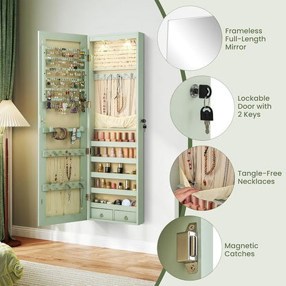 NAFORT 2 LEDs Mirror Jewelry Organizer, 47.5-Inch Borderless Full Length Mirror Jewelry Armoire, Lockable Wall Mounted Jewelry Cabinet, Jewelr Storage Box for Valentine’s Day Gift, Laurel Green