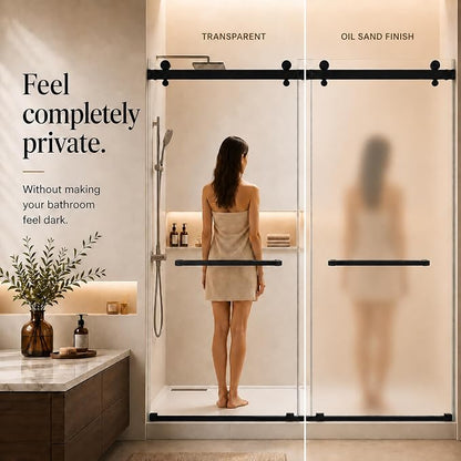 Frameless Shower Door,Frosted Sliding Shower Door, 56-60"W x 72"H-1/4” (6mm) , Frosted Glass Shower Door with 4" Left-Side Adjustment, 304 Stainless Steel Hardware, Nano Easy-Clean Glass, Matte Black