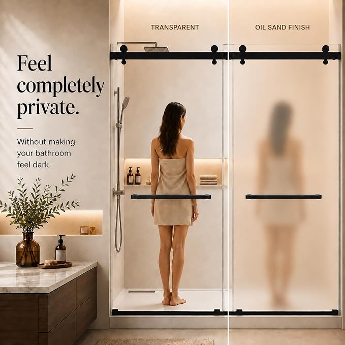 Frosted Sliding Shower Door, 56-60" W x 76" H-1/4” (6mm), Frosted Glass Shower Door with 4" Left Adjustable Width, 304 Stainless Steel Hardware, Quiet Rollers, Bottom Water Seal, Matte Black