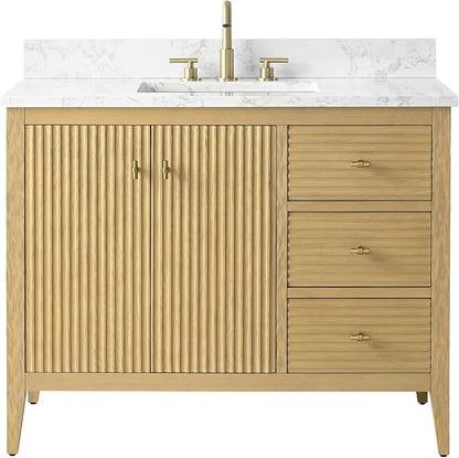 HOMEBEYOND 42" Bathroom Vanity with Sink, Solid Wood Bathroom Vanity Free-Standing Cabinet, Drawers, Ceramic Top & Soft Closing Door, Golden Brushed Handware, Natural Oak