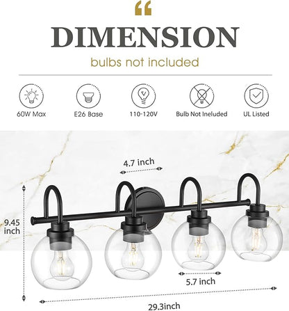 Bathroom Light Fixtures, 4-Light Matte Black Vanity Lights with Globe Clear Glass, 30 Inch Modern Vanity Lighting Fixtures Over Mirror, AD-22280-4W-BK