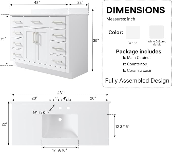 48-Inch Bathroom Vanity with Sink W/ 2 Doors & 8 Drawers & 1 Flip Drawer, White Vanity W/Brushed Nickel Handles