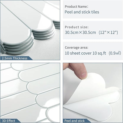 White Peel and Stick Backsplash Self Adhesive Wall Tiles 10-Sheet | Thick,Sticky,for Kitchen,Bathroom,Laundry,Sink,12"×12"