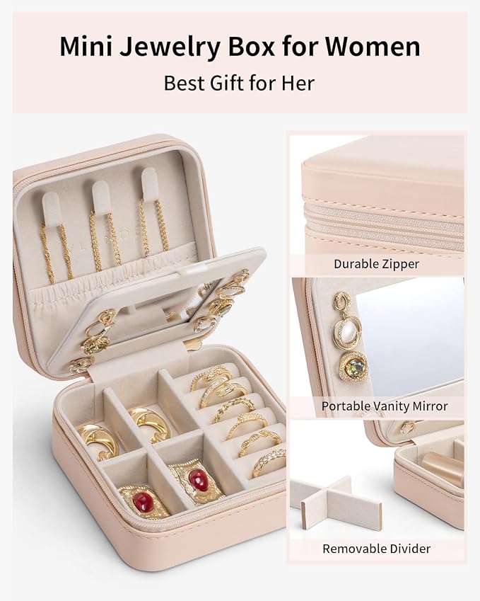 VLANDO Travel Jewelry Case with Mirror, Storage 3 Pairs of Stud Earrings | Necklace Hook for Anti-tangle, Removable Dividers, Waterproof PU Leather,Portable Storage for Rings, Necklace Gifts for Women