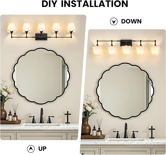 Modern Bathroom Vanity Light Fixtures: Matte Black Vanity Lights Over Mirror with Flared Fabric Shade, Farmhouse Bathroom Lighting Fixtures, 5 Light Wall Sconces Lights for Bedroom Hallway Living Room