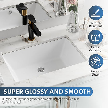 Undermount Bathroom Sink Rectangle, Hugsleek Interior Bowl Size 19 x 12 inch White Porcelain Ceramic Vessel Sink Under Counter Exterior Size 20.5x13in Rectangular Bath Sink Basin Lavatory Fireclay