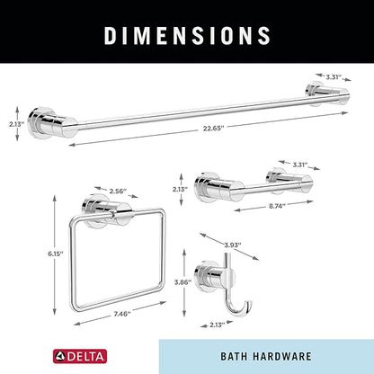 DELTA FAUCET NIC64-PC Nicoli 4-Piece Bath Hardware Set 18 to 24 in. Towel Bar, Toilet Paper Holder, Towel Ring, Towel Hook in Polished Chrome