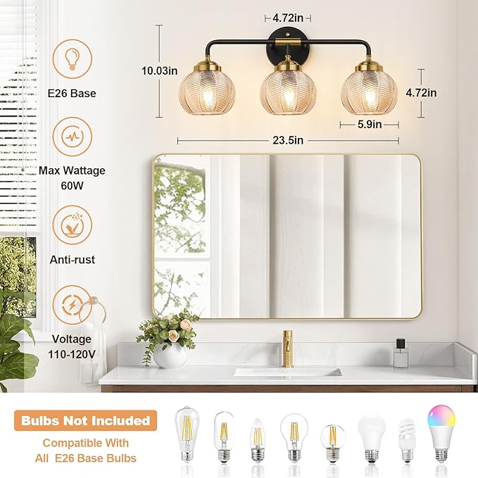 Bathroom Light Fixtures, 3-Light Amber Vanity Lights with Unique Leaf Texture Glass Shade, Modern Matte Black and Gold Bathroom Wall Lamp for Mirror Hallway Cabinet Living Room