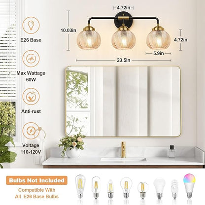 Bathroom Light Fixtures, 3-Light Amber Vanity Lights with Unique Leaf Texture Glass Shade, Modern Matte Black and Gold Bathroom Wall Lamp for Mirror Hallway Cabinet Living Room