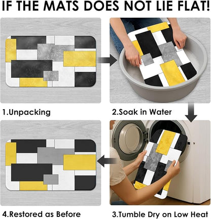 Bathroom Sets with Shower Curtain and Rugs 4 Pcs, Geometric Yellow | Checkered Abstract Modern Art Bathroom Decor Set with Toilet Lid Cover, Non-Slip Bath Mats and Accessories 12 Hooks