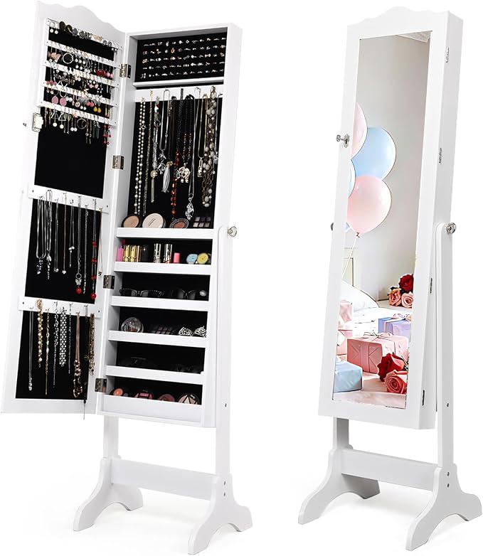 NAFORT Jewelry Armoire, Mirror with Jewelry Storage, Jewelry Organizer, Standing Lockable Jewelry Cabinet with Full Length Mirror, Jewelry Organizer with 2 Drawers, White