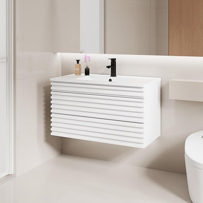 LUCKWIND 36" Floating Bathroom Vanity with Sink, Mid-Century Wall Mounted Big Drawer Cabinet with Large Sink, Water Saving Faucet and Wood Stripes Style, White