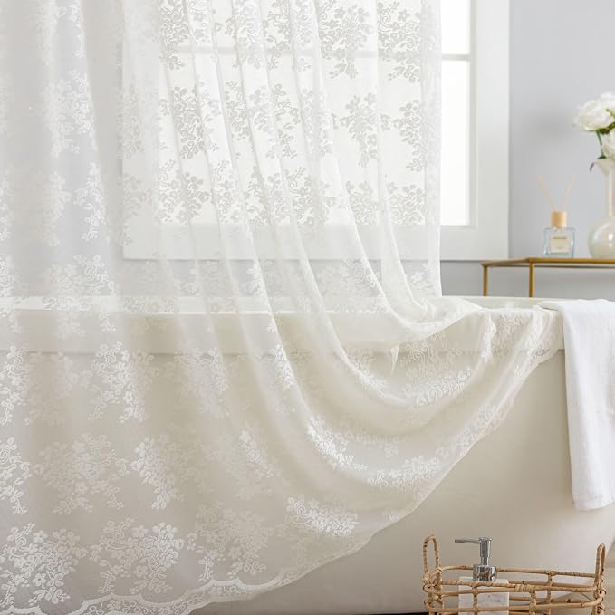 TUDECO Ivory Lace Shower Curtain with Valance, 72 x 72, Vintage Style, | Sheer Floral, Antique Bathroom Decor, Scalloped Bottom, Soft Light Filtering, Gentle Privacy, Reinforced Holes
