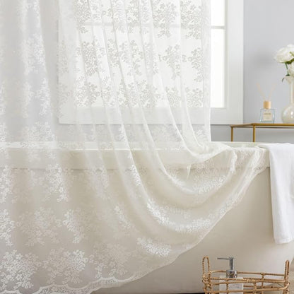 TUDECO Ivory Lace Shower Curtain with Valance, 72 x 72, Vintage Style, | Sheer Floral, Antique Bathroom Decor, Scalloped Bottom, Soft Light Filtering, Gentle Privacy, Reinforced Holes
