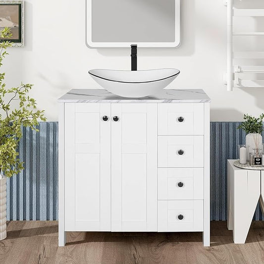 32 Inches White Bathroom Vanity with Marble Texture Top and 4 Drawers, Modern Standing Pedestal Cabinet with White Boat Ceramic Sink
