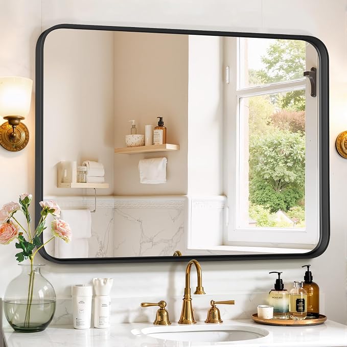 Bathroom Mirror 40x30 Inch Black Metal Frame Rectangle Vanity Mirror | Modern Wall Mounted Anti-Rust Mirror with Rounded Corners for Farmhouse, Restroom, Entryway, Horizontal or Vertical Hanging
