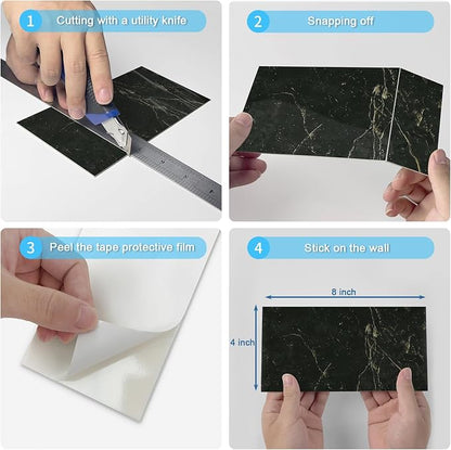 URCOLOR 32-Piece Peel and Stick Backsplash Wall Tile, 4"x 8" PVC Glossy Black Gold Marble Stick on Subway Tiles for Kitchen, Bathroom, Laundry Room, Camper, Fireplace