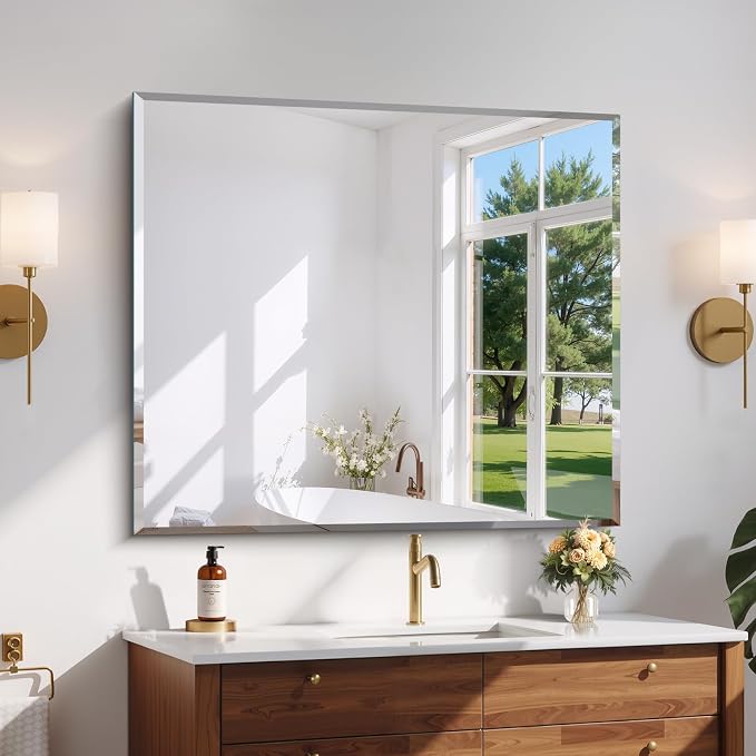 CILIBER Beveled Bathroom Mirror, 36x40 Large Bathroom Mirrors for Over Sink, 3mm Tempered Glass Beveled Frameless Vanity Mirror for Bathroom, Bedroom, Living Room and Entryway