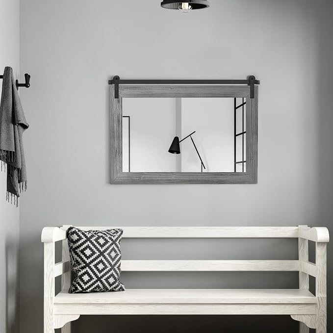 COGOOD Farmhouse Barn Door Mirror - 18 x 25 Grey | Rustic Wood Framed Vanity Mirror for Entryway, Living Room, Bedroom, Bathroom Wall Decor