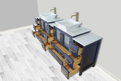 Vanity Art 96 Inch Vessel Double Sink Bathroom Vanity Cabinet with 2 Mirrors, Engineered Marble Top Bathroom Cabinet Compact Set with 13 Dovetail Drawers and Soft Closing Doors, VA3130-96B