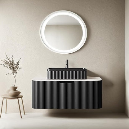 36" Floating Bathroom Vanity with Sink, Wall-Mount Black Cabinet with Rectangular Ceramic Basin and Marble Top, Large Storage Drawer, Soft-Close Design, Gloss Black