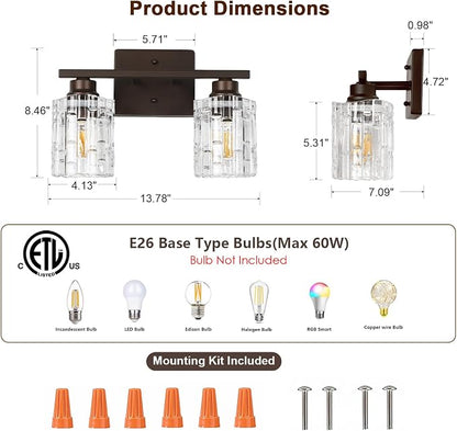 Refice 2-Light Bathroom Vanity Lights Crystal Glass, Oil Rubbed Bronze | Bathroom Light Fixtures Vanity Lighting Over Mirror for Living Room Farmhouse, Hallway