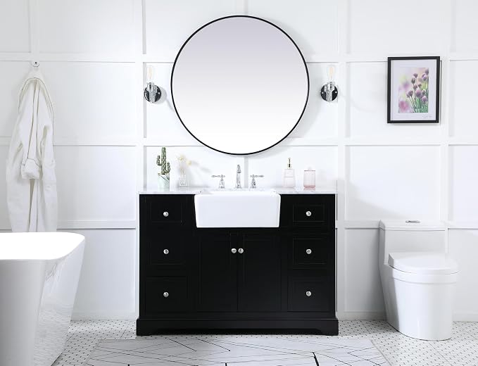 48" Pre-Assembled Bathroom Vanity with Sink, Solid Birch and MDF, Carrara White Marble Countertop Attached, Single Rectangle Porcelain Sink, 6 Soft-Close Drawers, Black