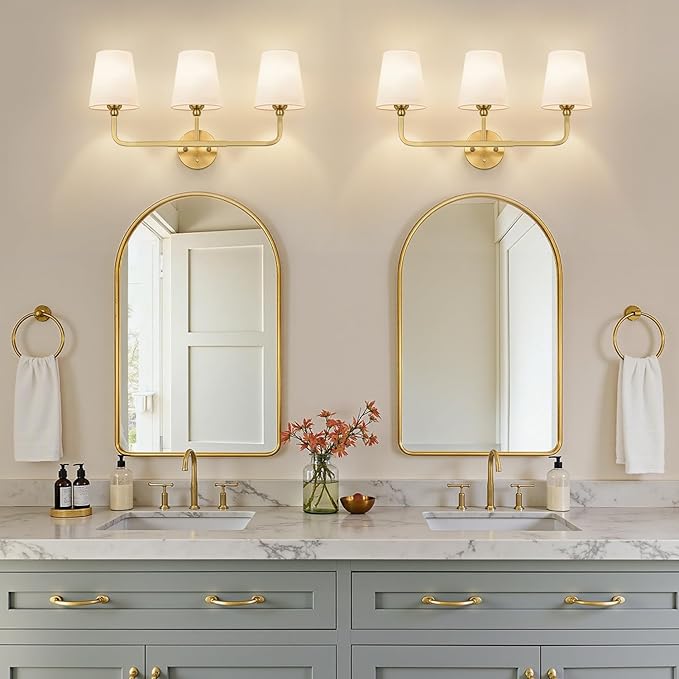 Bathroom Light Fixtures, 3-Light Brushed Gold Vanity Lights, Bathroom Lighting Fixtures Over Mirror with Flared White Fabric Shade, Modern Wall Sconces for Living Room Hallway