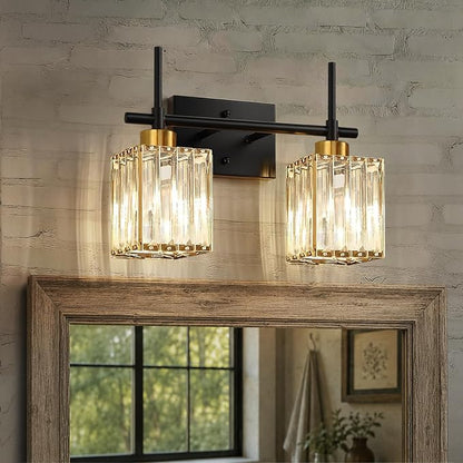 Torondo Modern Crystal Bathroom Vanity Light 2-Lights Gold Bathroom Light Fixtures Over Mirror Black and Gold Vanity Lighting Fixtures Gold Square Shade Brass Wall Sconce (Bulbs Not Include)
