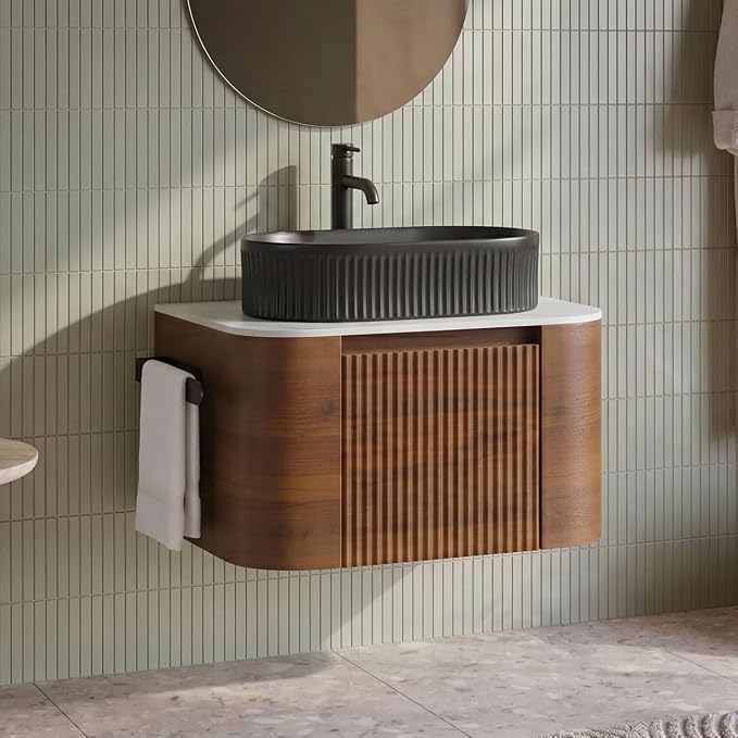 24" Preassembled Floating Bathroom Vanity with Black Sink, Walnut | Mid-Century Modern Style, Fluted & Soft-Close Drawer with U-shaped Wall, Sinterted Stone Countertop, Towel Rack Included