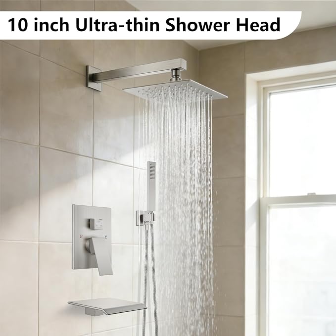 Midanya Shower System with Tub Spout,10 Inch Shower Head,Brushed Nickel | with Valve & Trim Kit,Square Rain Head,Handheld Sprayer,Waterfall Spout,All Metal Wall Mount Bathroom Shower Tub Faucet Set