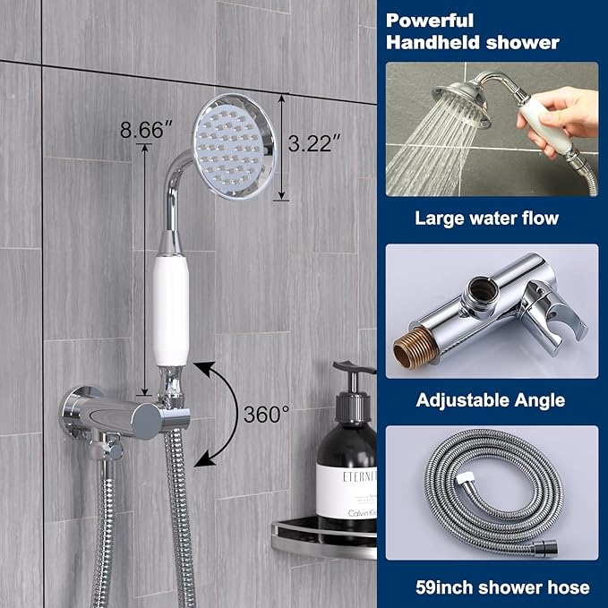 Antique Brass Shower System, 9" & 6" Dual Rain Heads and Handheld Spray Vintage Fixtures, 3-Function Dual Knob Valve with Separate Temperature Control, Chrome