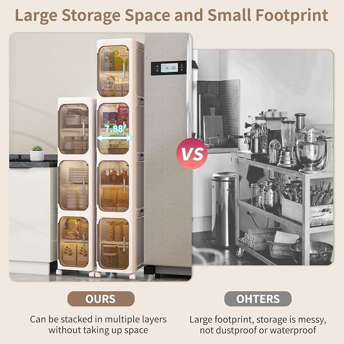 5 Tier Slim Bathroom Storage Cabinet, Foldable and Movable, Beige | Tools Free, ABS and PET, Magnetic Clear Door, Adjustable Shelves, Lockable Wheels, Water Resistant, For Narrow Space