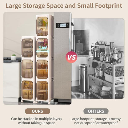 5 Tier Slim Bathroom Storage Cabinet, Foldable and Movable, Beige | Tools Free, ABS and PET, Magnetic Clear Door, Adjustable Shelves, Lockable Wheels, Water Resistant, For Narrow Space