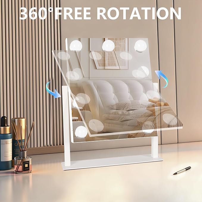 Moonee Vanity Mirror with Lights, Hollywood Lighted Makeup Mirror with 9 Dimmable Bulbs and 10X Magnification 360°Rotation, 3 Color Modes, Aluminum Metal Frame, Light Up Mirror for Tabletop（12" x 14"）