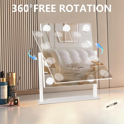 Moonee Vanity Mirror with Lights, Hollywood Lighted Makeup Mirror with 9 Dimmable Bulbs and 10X Magnification 360°Rotation, 3 Color Modes, Aluminum Metal Frame, Light Up Mirror for Tabletop（12" x 14"）