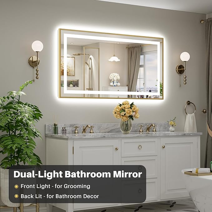 55x30 Inch LED Bathroom Mirror with Gold Frame, Backlit & Front Lit, Anti-Fog Lighted Bathroom Vanity Mirror for Wall, Memory Function, Dimmable, HD Tempered Glass, Shatter-Proof