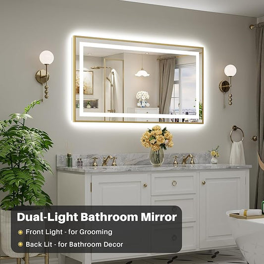 55x30 Inch LED Bathroom Mirror with Gold Frame, Backlit & Front Lit, Anti-Fog Lighted Bathroom Vanity Mirror for Wall, Memory Function, Dimmable, HD Tempered Glass, Shatter-Proof